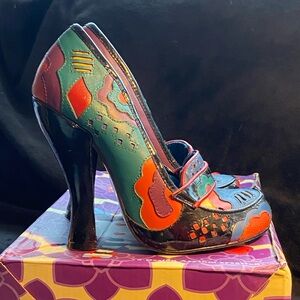 Irregular Choice “Tootle Loo Black” heeled pumps,colorful patchwork,US 7, UK 5